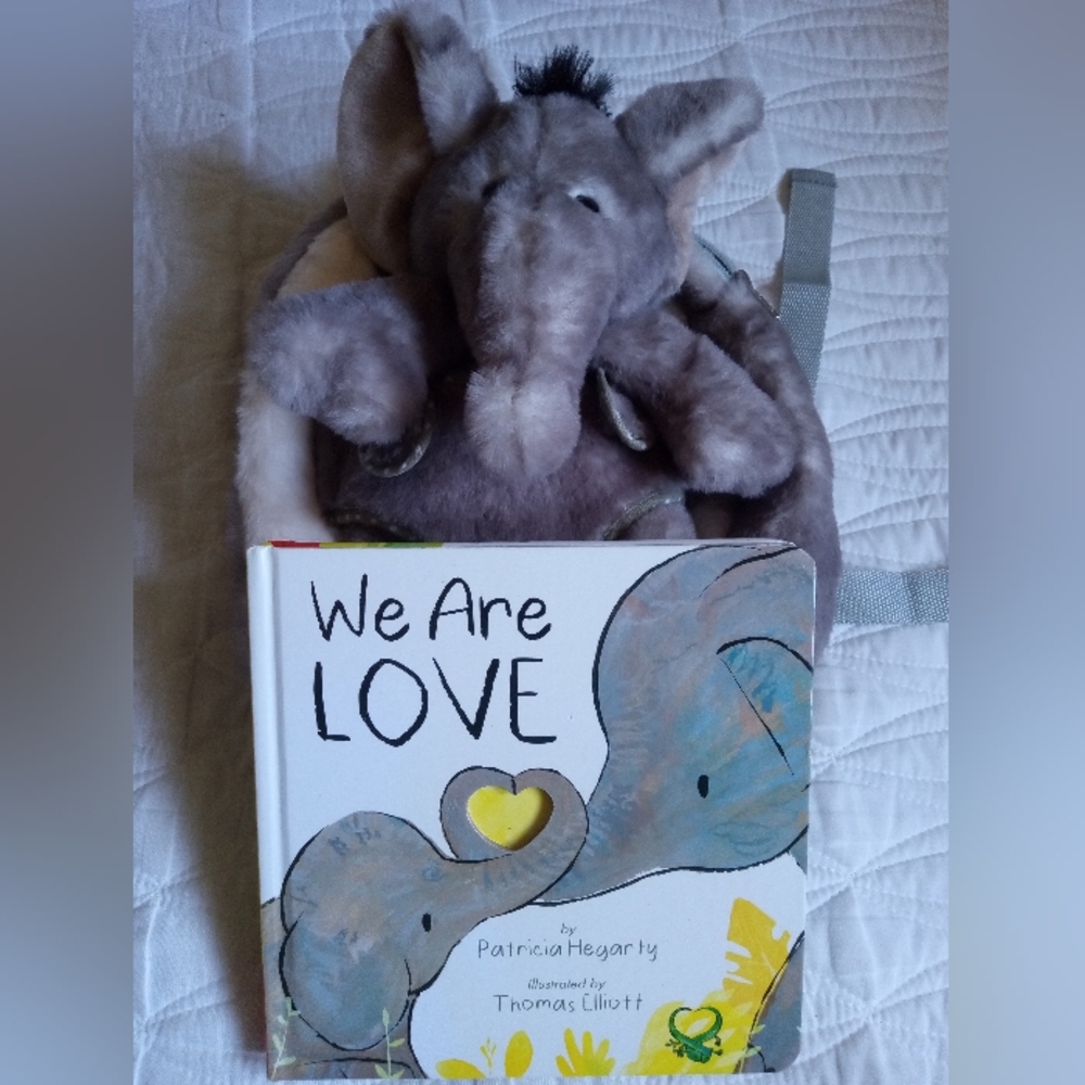 Gray Elephant Plush Backpack with 'We Are Love' Book By Patricia Hegarty